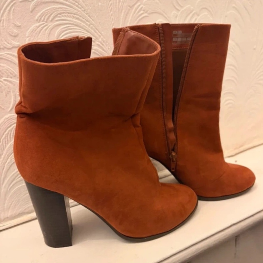 Zara Burnt Orange Suede Fold-Top Heeled Ankle Boots